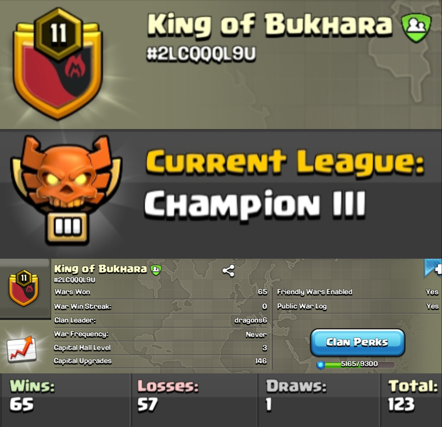 Level 11 clan || champion 3 || warlog 65-57 || name - King of Bukhara