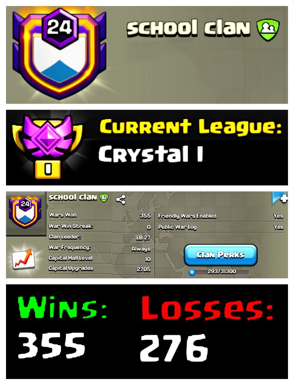 🔥 OP LVL 24 ENGLISH CLAN ⚔️ SCHOOL CLAN 💎 CRYSTAL I 🏯 CLAN CAPITAL 10 ☄️ 355W/276L ⚡ INSTANT DELIVERY 🛍️ BUY NOW #LB