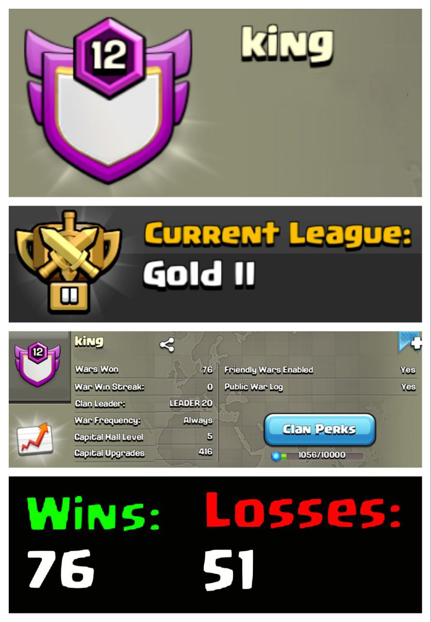 👑 OP LVL 12 ENGLISH CLAN 🌠 KING ⚔️ GOLD II 🏯 CLAN CAPITAL 5 🔥 76W/51L 🚀 INSTANT DELIVERY 🛒 BUY NOW #LB
