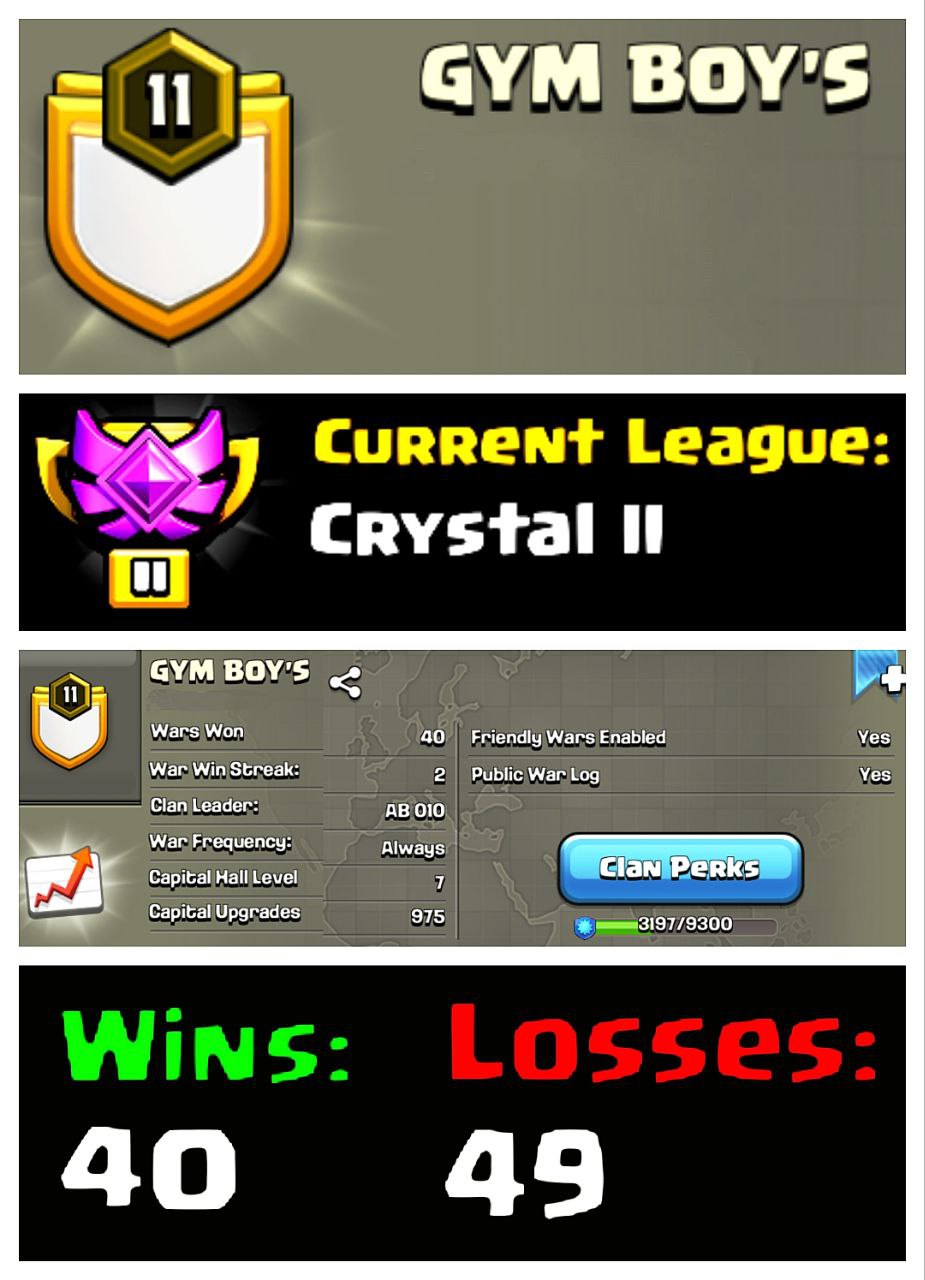 ๐๏ธ OP LVL 11 ENGLISH CLAN โ๏ธ GYM BOYS ๐ CRYSTAL II ๐ฏ CLAN CAPITAL 7 ๐ฎ 40W/49L ๐ INSTANT DELIVERY ๐ BUY NOW #LB