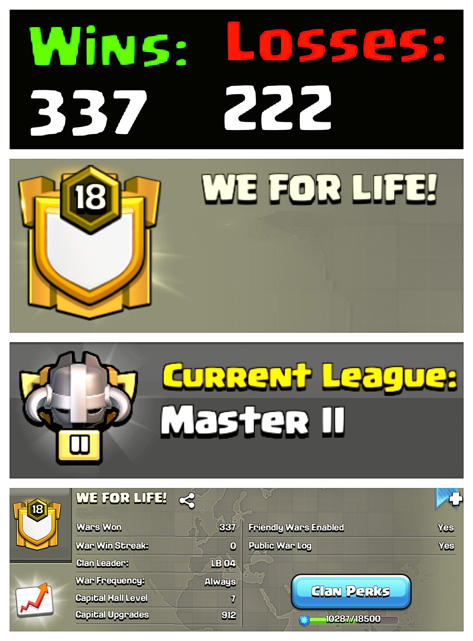 ☠ MASTER 2 😚 OP LVL 18 ENGLISH CLAN 😱 WE FOR LIFE 🔆 CAPITAL 7 ⚡337W | 222L 🔥 FAST DELIVERY 🛒 BUY NOW #LB