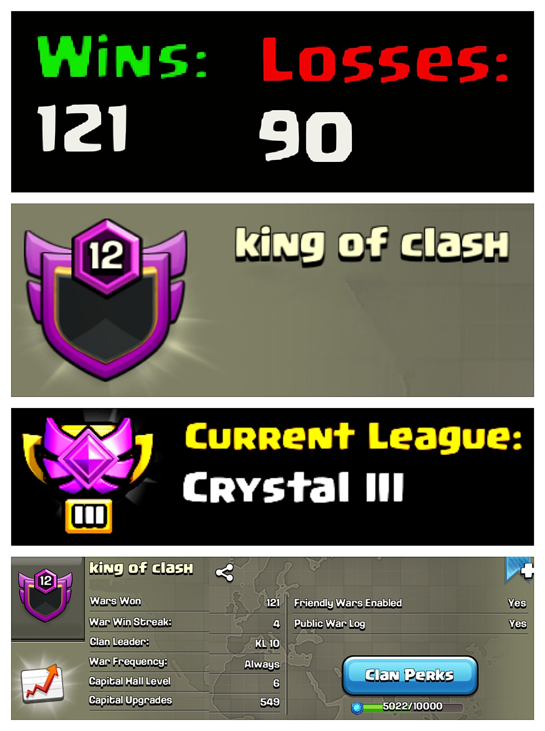 ☠ OP LVL 12 ENGLISH CLAN 👻 KING OF CLASH 🔥 CRYSTAL 3 ✨ CAPITAL 6 🥶 121W/ 90L 🔺 FAST DELIVERY BUY NOW #LB