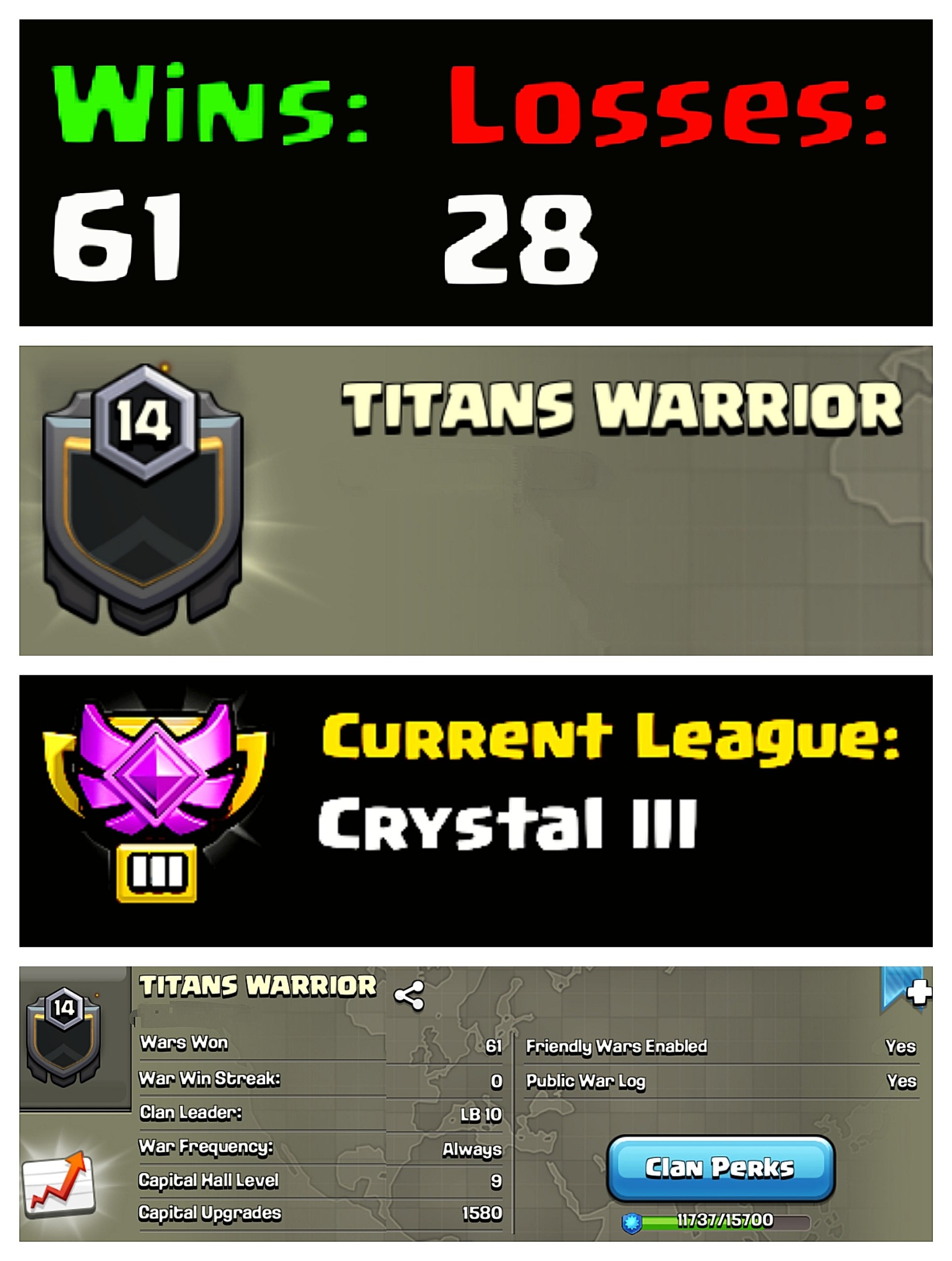 ❤️ OP LVL 14 ENGLISH CLAN 💥 TITAN WARRIOR 🔥 CRYSTAL 3✨ CAPITAL 9 🥶 61W/ 28L 🔺 FAST DELIVERY BUY NOW #LB