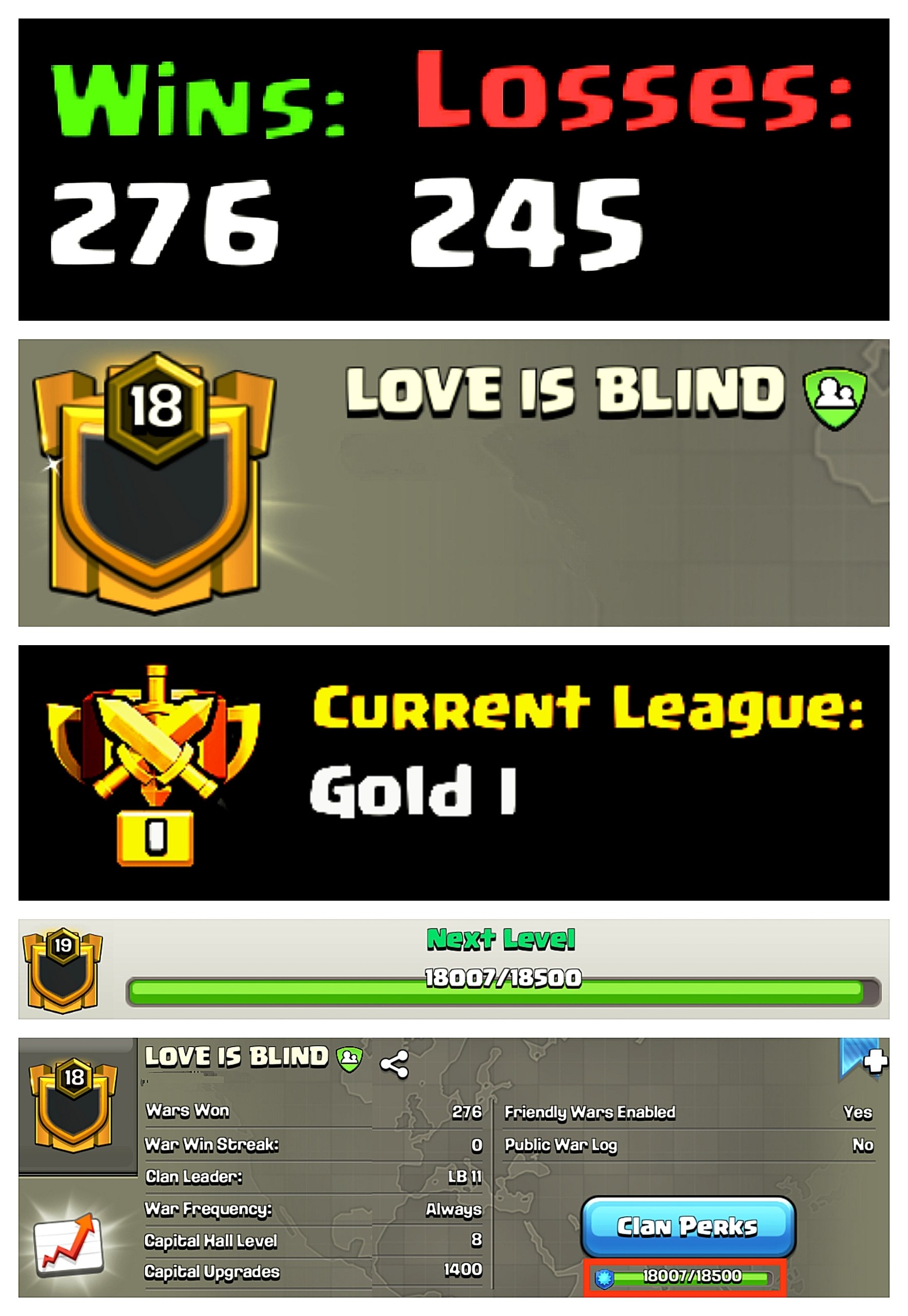 ๐ OP LVL 18 ENGLISH CLAN๐ LOVE IS BLIND ๐ GOLD 1๐ป CAPITAL 8 ๐ฅถ 276W/ 245L ๐บ FAST DELIVERY BUY NOW #LB