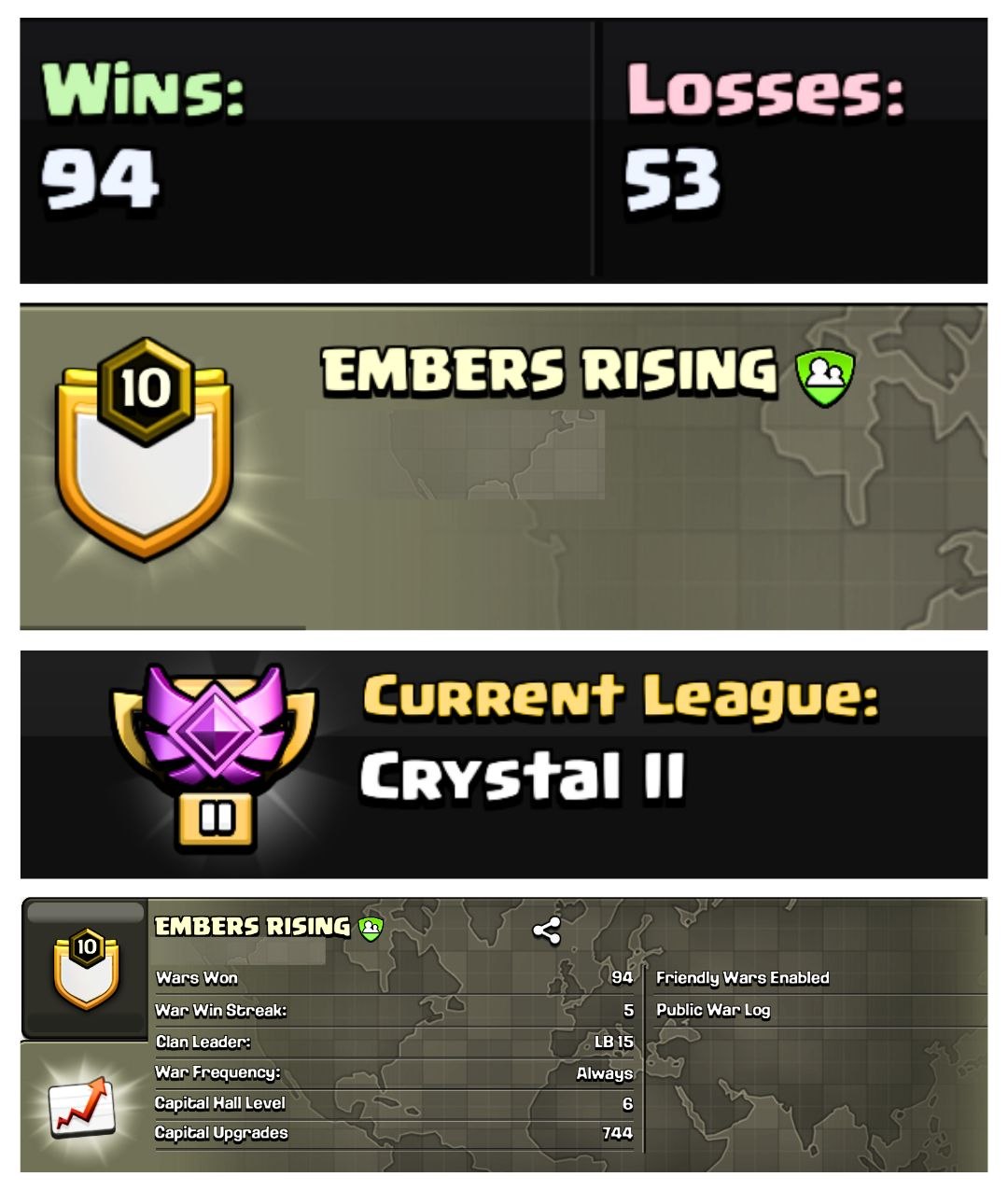 🥰 OP LVL 10 ENGLISH CLAN 💋 EMBERS RISING 😍 GOLD 1 👻 CAPITAL 6 🥶 94W/ 53L 🔺 FAST DELIVERY BUY NOW #LB