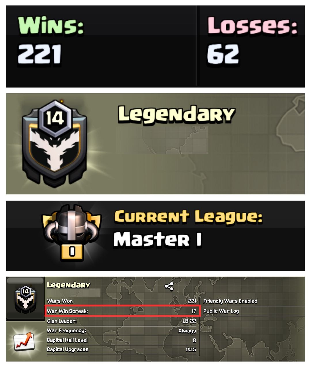 ☠ OP LVL 14 ENGLISH CLAN 👽 LEGENDARY 👿 MASTER 1 👻 CAPITAL 8 🥶 WAR WIN STREAK 17 🚨 276W/ 245L 🔺 FAST DELIVERY BUY NOW #LB