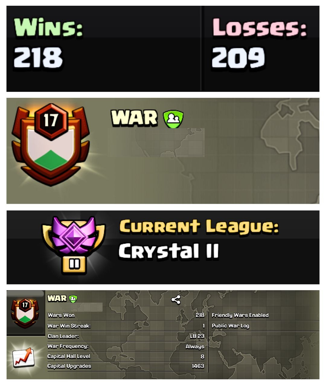 🔥 OP LVL 17 ENGLISH CLAN 🥰 WAR 😍 CRYSTAL 2👻 CAPITAL 8 🥶 218W/ 209L 🔺 FAST DELIVERY BUY NOW #LB