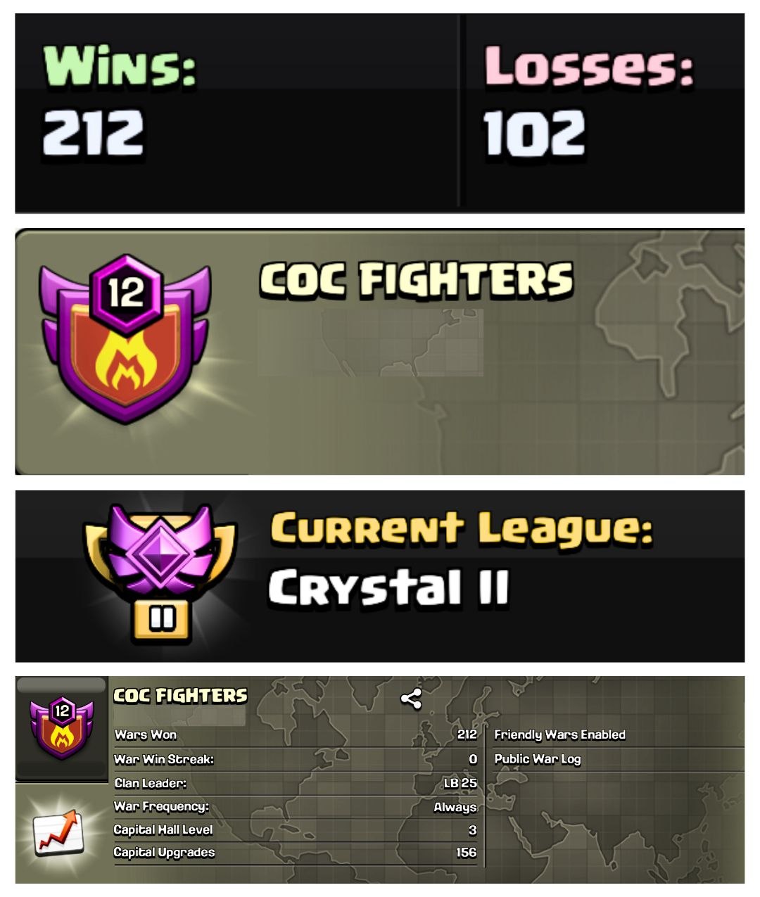 🫦 OP LVL 12 ENGLISH CLAN 🫵 COC FIGHTERS 🫀 CRYSTAL 2 👻 CAPITAL 3 🥶 212W/ 102L 🔺 FAST DELIVERY BUY NOW #LB