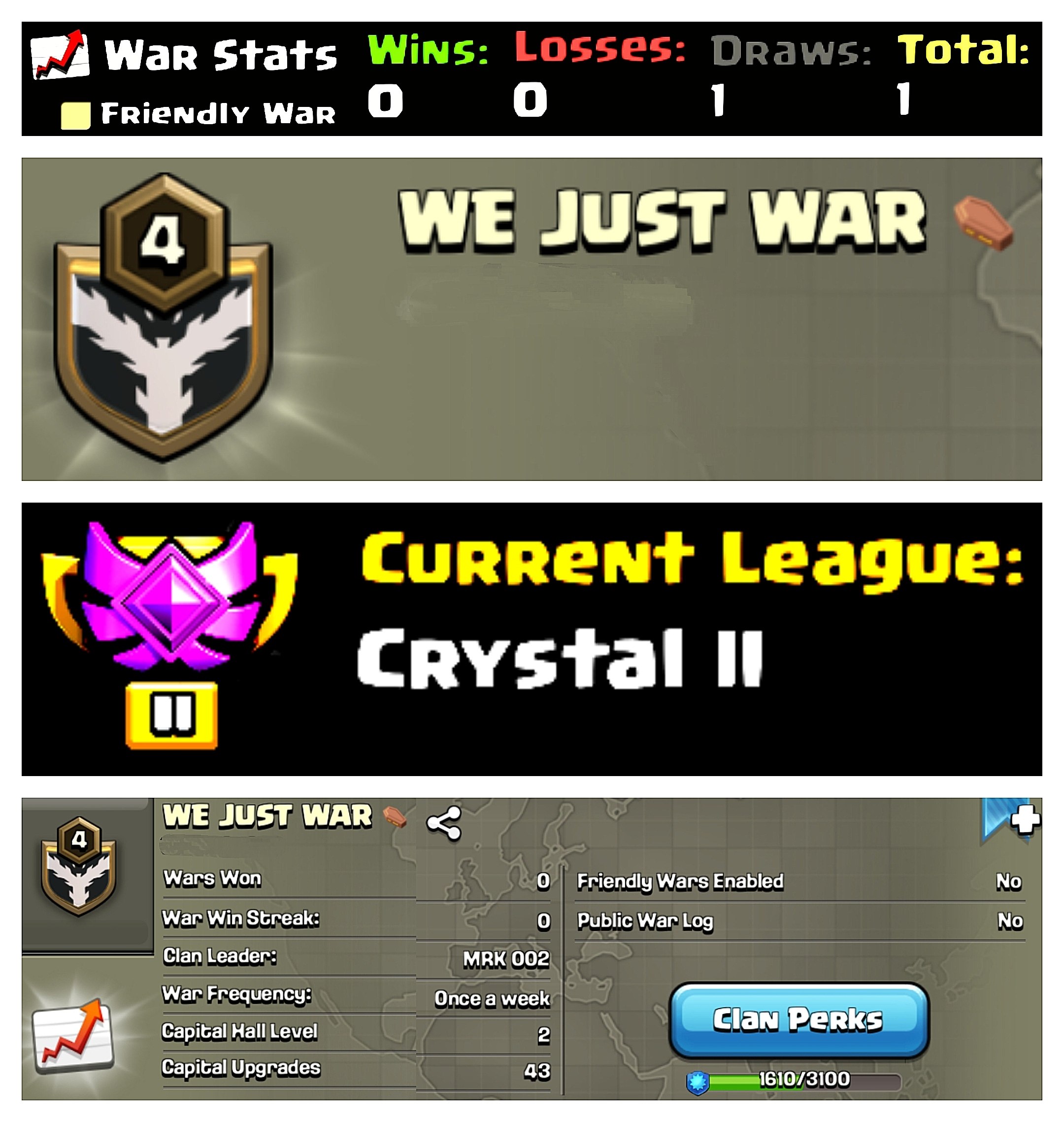 ❣️ OP 4 LEVEL ENGLISH CLAN 💥 NICE NAME : WE JUST WAR ⚰ 💢 LEAGUE : CRYSTAL 2 ❤ CLAN CAPITAL : 2 💞 WINS : 0 | LOSS : 0 ❤‍🔥 BEST CLAN BUY NOW ⚡ FAST DELIVERY #KBC 🚚