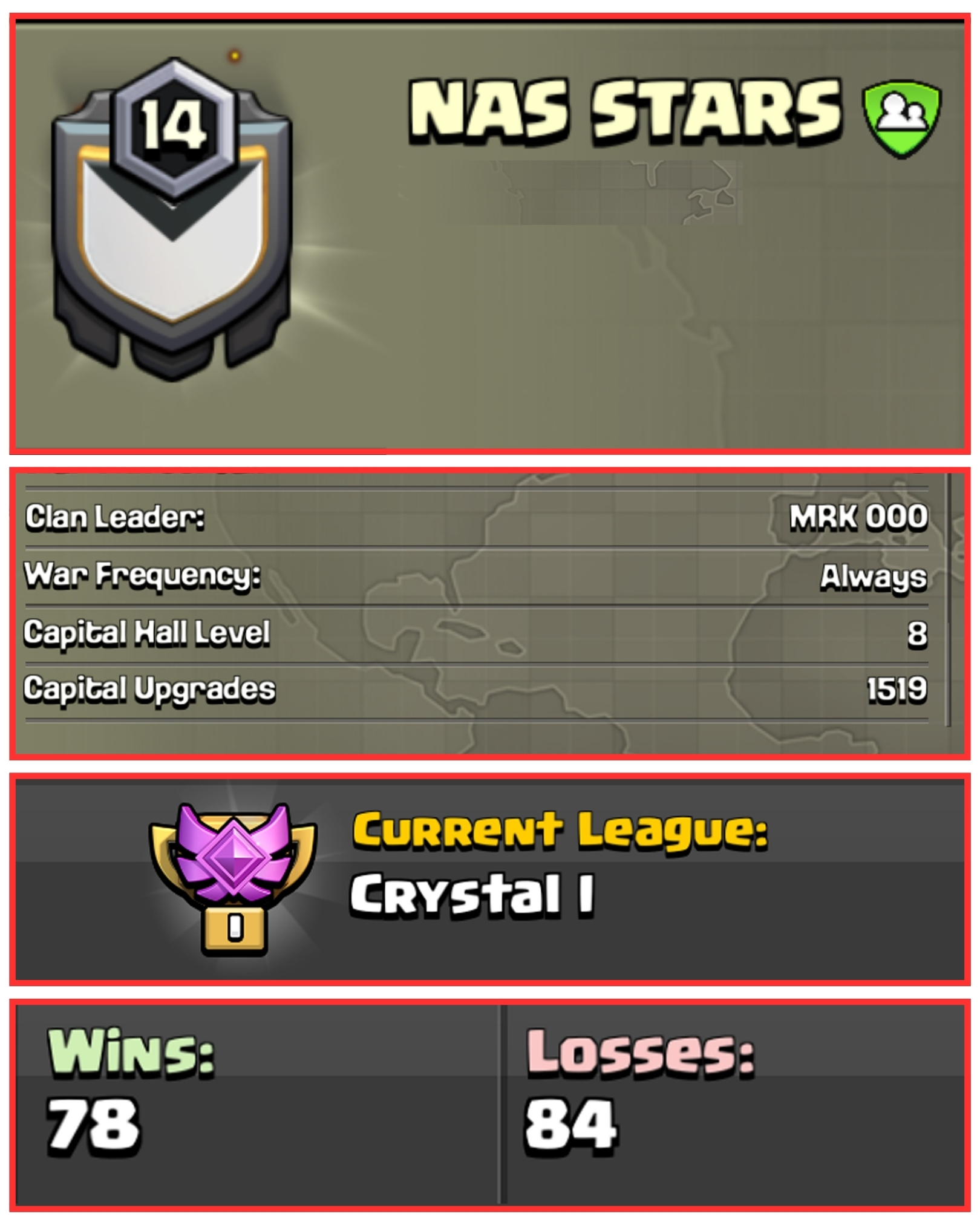 ❤🔥 14 LEVEL CLAN 🌱 ENGLISH NAME 🔆 NAS STARS ⭐ CRYSTAL 1 🏆 CLAN CAPITAL 8 ⚡️ WINS 78 : LOSS 84 ⚡ FAST DELIVERY 🚚