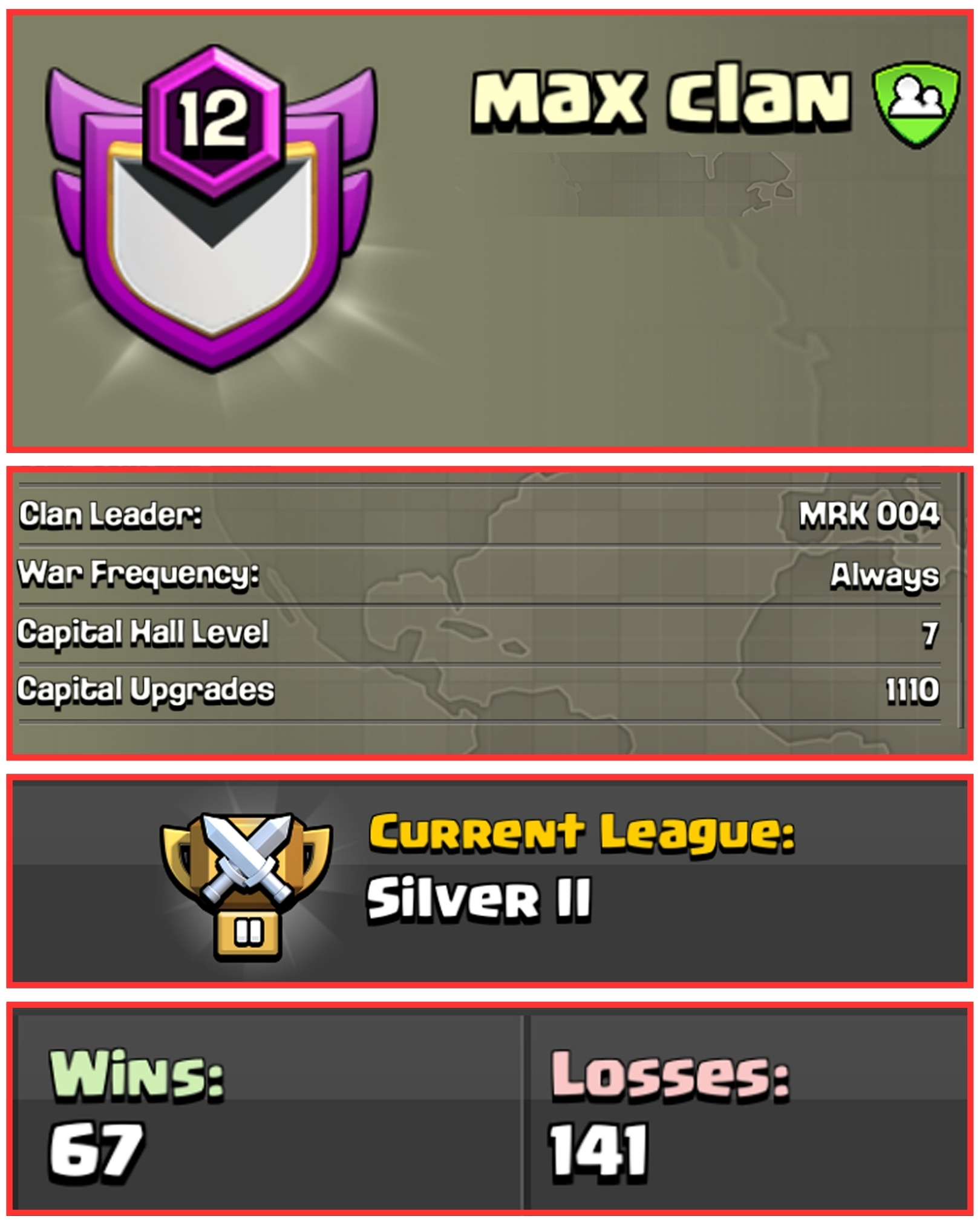 🪼 12 LEVEL CLAN ⚡️ MAX CLAN ♨️ ENGLISH NAME 🔥 SILVER 2 🌱 CLAN CAPITAL 7 💞 WINS 67 : LOSS 141 ☘️ FAST DELIVERY 🚚