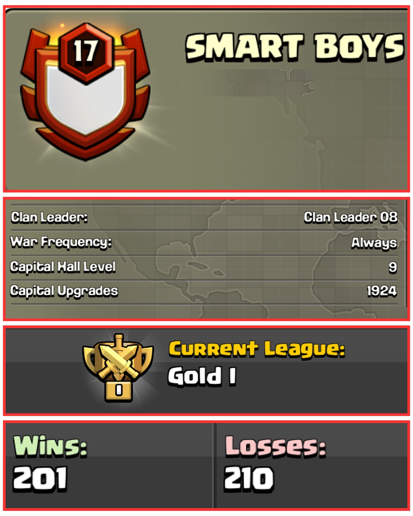🪅 17 LEVEL CLAN ⚡️SMART BOYS🪻ENGLISH NAME 🫘 GOLD 1 🪷 CLAN CAPITAL 9 🪬 WINS 201 : LOSS 210 🪸 FAST DELIVERY 🚚