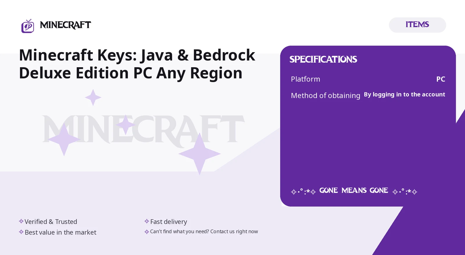 ✧・゚:*✧ Minecraft Keys: Java & Bedrock Deluxe Edition PC ✧・゚:*✧ Gone Means Gone ✧・゚:*✧