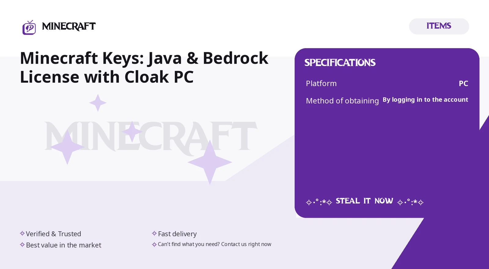 ✧・゚:*✧ Minecraft Keys: Java & Bedrock License with Cloak ✧・゚:*✧ Steal it Now ✧・゚:*✧