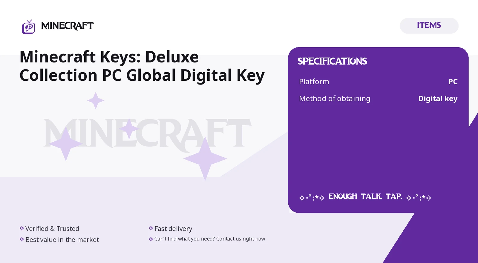 ✧･ﾟ:*✧ Minecraft Keys: Deluxe Collection PC Global ✧･ﾟ:*✧ Enough Talk. Tap. ✧･ﾟ:*✧