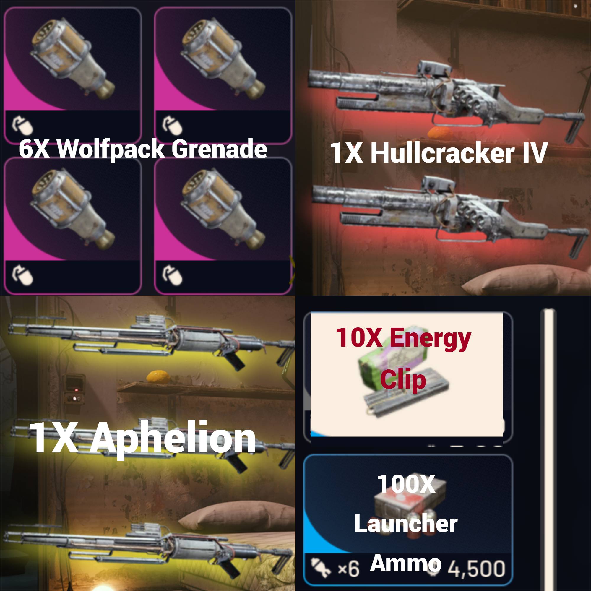 Matriarch Bundle!Arc Raiders!1x Aphelion(Or any Legendary Weapon you want)1 Hullcracker IV,6x Wolfpack Grenade