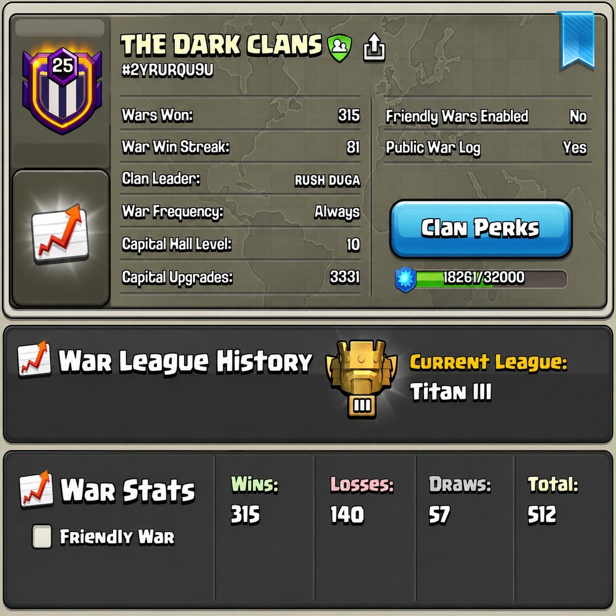 81 WIN STREAK ✨ TITAN 3 ✨ THE DARK CLANS ✨ CC 10 MAX ✨ PERFECT CLAN FOR BUILDING COMMUNITY ✨ INSTANT DELIVERY