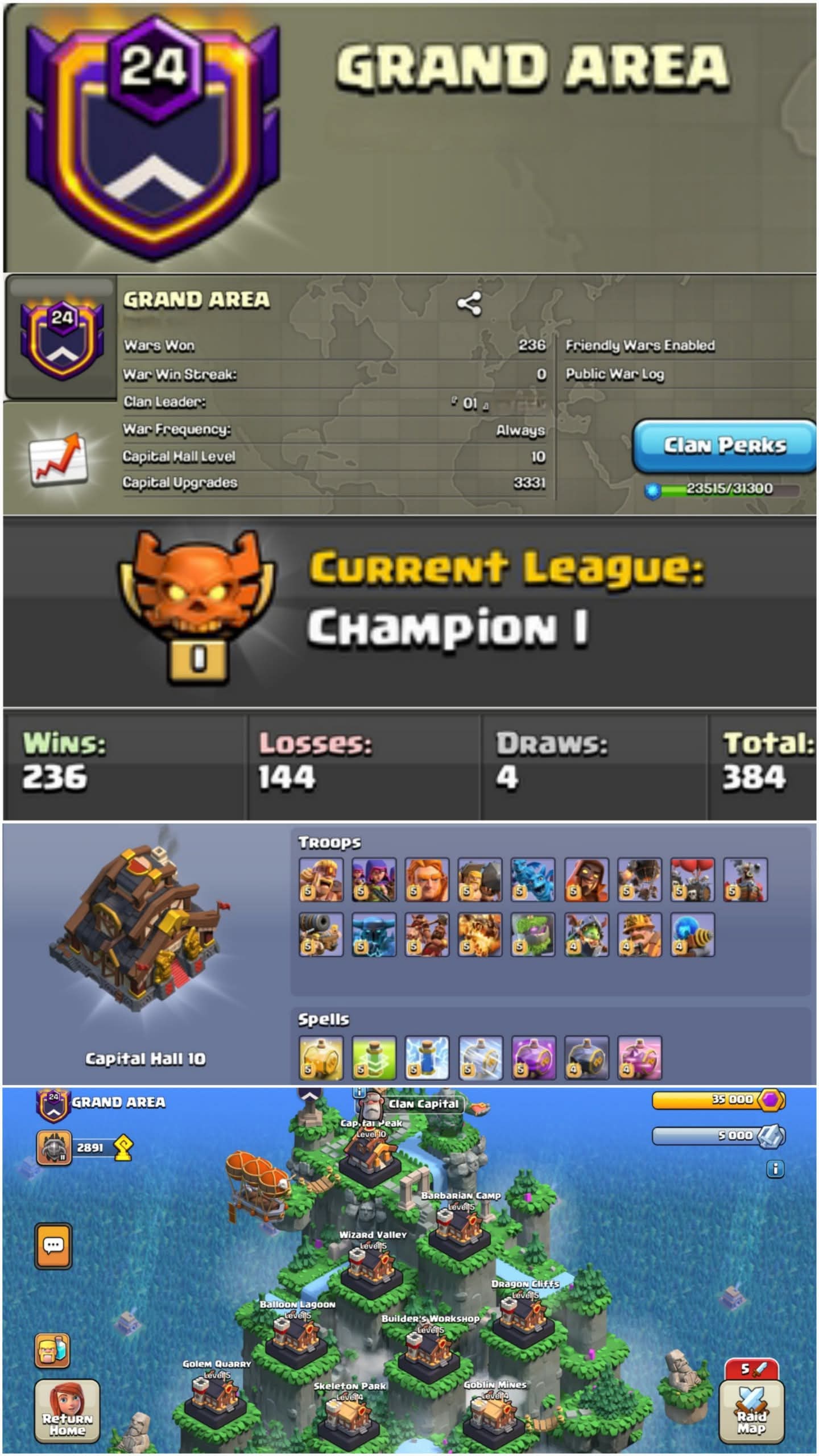 GRAND AREA | CP 10 MAX | CHAMPION 1 LEAGUE | BEST WAR LOG | WIN 231 | LOSE 141 | RARE CLAN | FAST DELIVERY