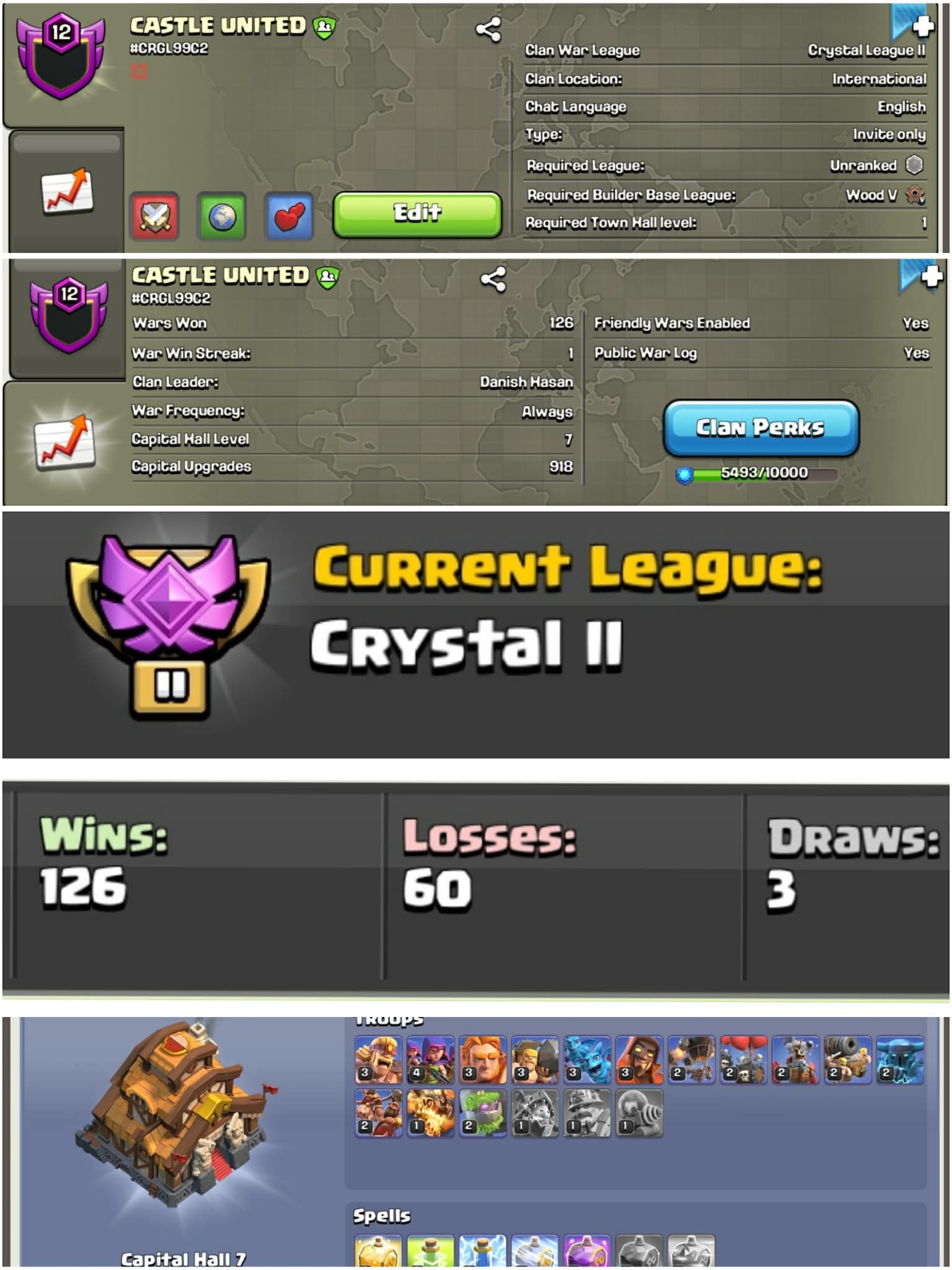 【CASTLE UNITED】 ➤LEVEL 12 CLAN ➤ CRYSTAL 2 CWL LEAGUE ➤ CLAN CAPITAL 7 | WIN 126 ➤ RARE