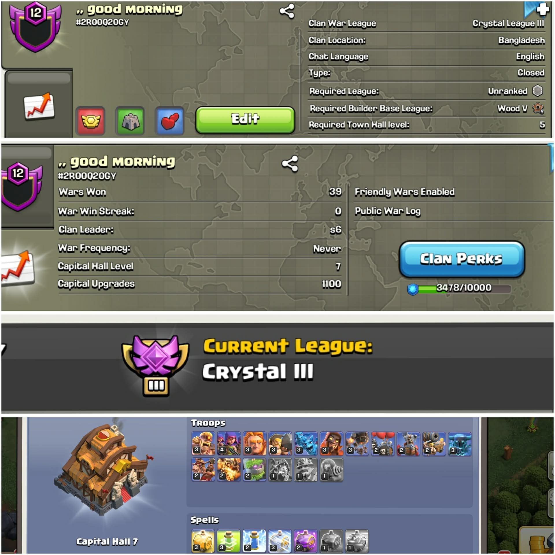 【GOOD MORNING】 ➤LEVEL 12 CLAN ➤ CRYSTAL 3 CWL LEAGUE ➤ CLAN CAPITAL 7 ➤ RARE
