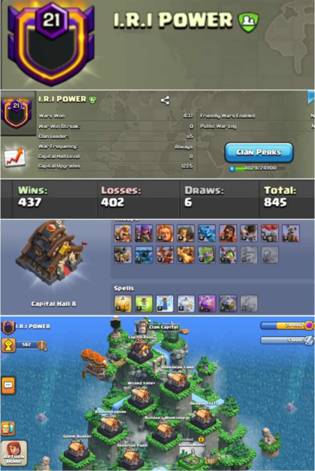 【I.R.I POWER】 ➤LEVEL 21 CLAN ➤ CRYSTAL 3 CWL LEAGUE ➤ CLAN CAPITAL 8➤ WIN 437 ➤ RARE