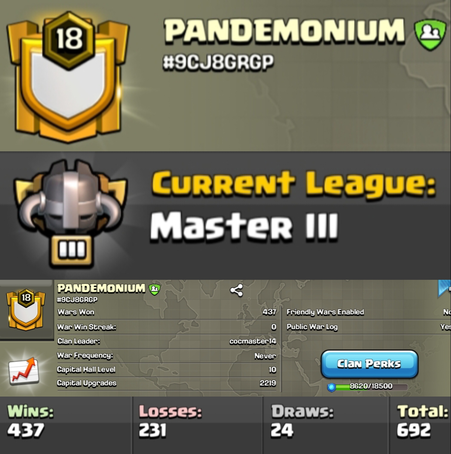 Level 18 clan || clan capital 10 master 3 || warlog 437-231 || name - PANDEMONIUM