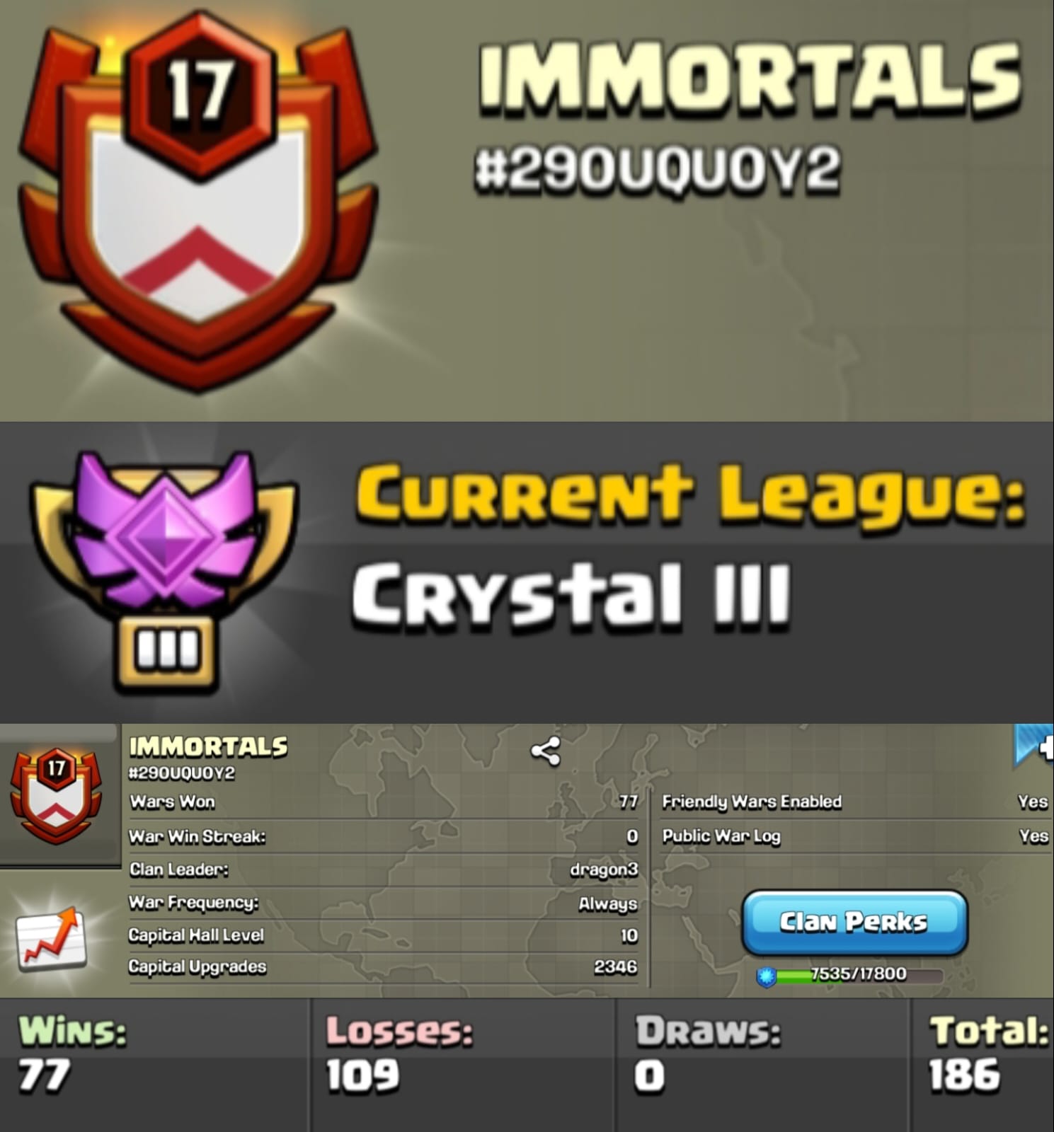 Level 17 clan || clan capital 10 || crystal 3 || name - IMMORTALS
