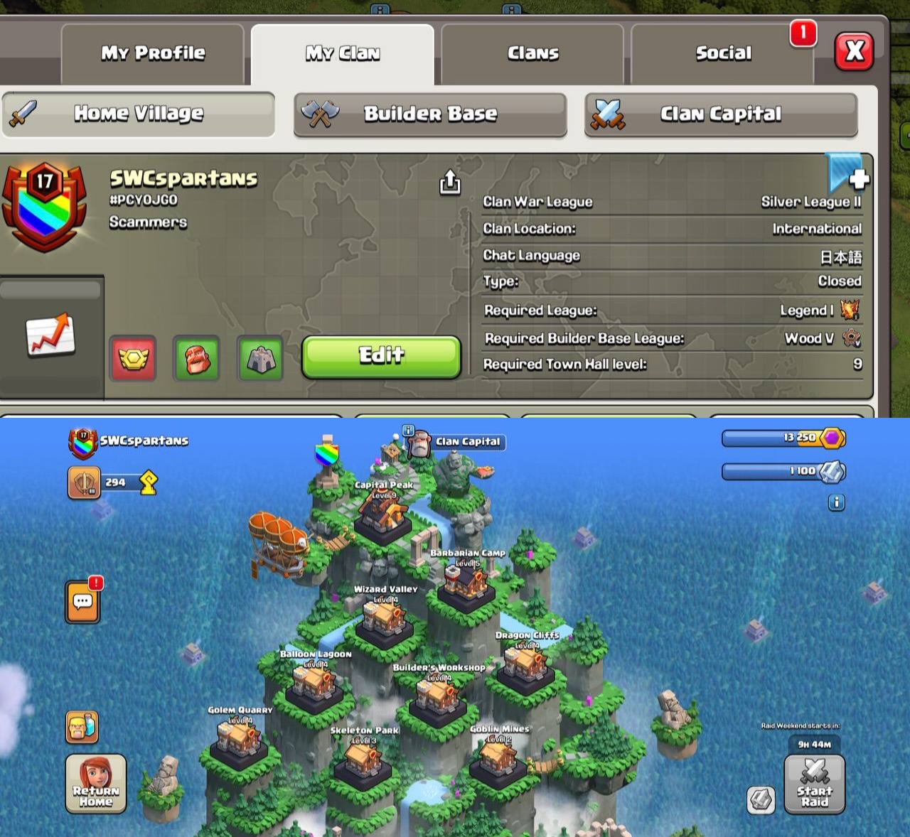 Clan level 17 ⭐️ Name : SWCspartans ⭐️ CC : 9