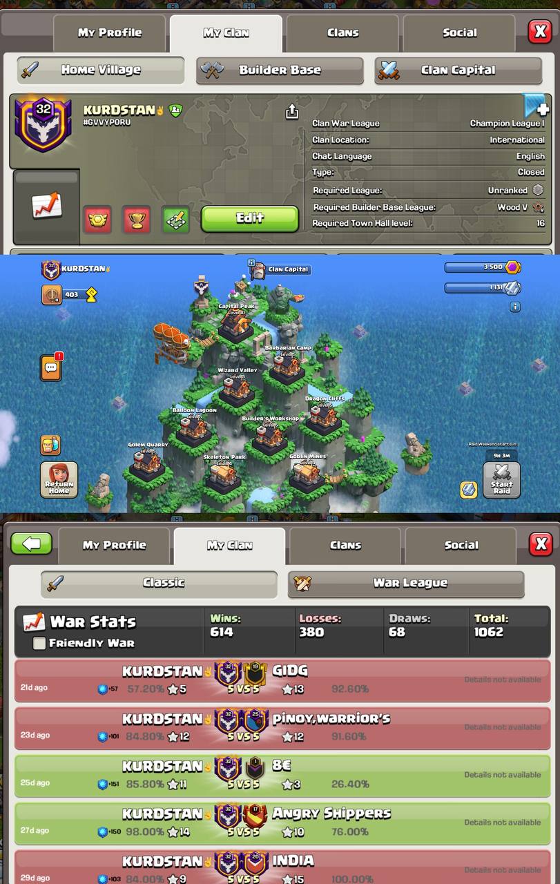 Clan level 32 ⭐️ Name : KURDISTAN ⭐️ Champion's League 😈 614 Wins / 380 Loses
