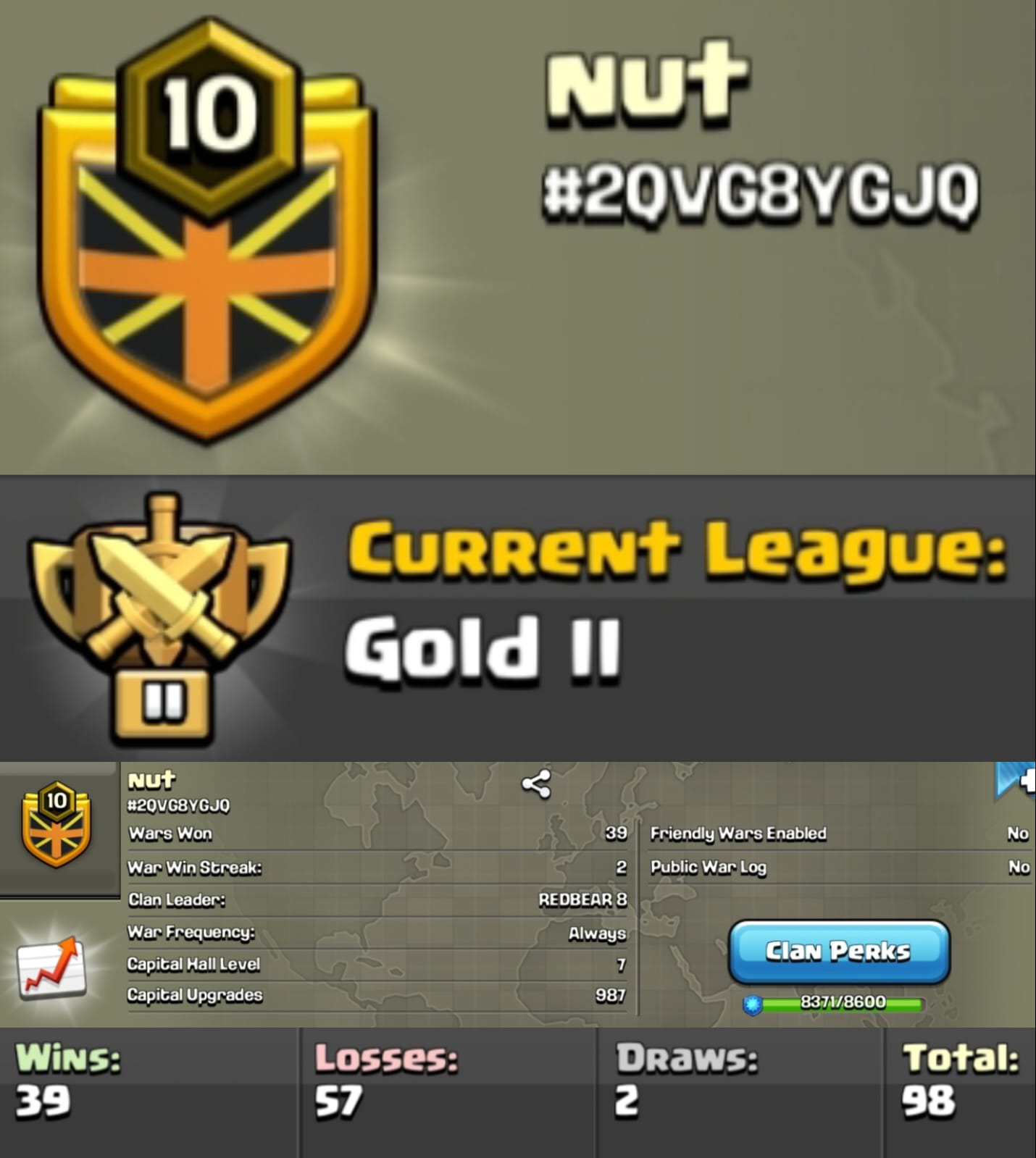Level 10 clan || clan capital 7 || gold 2 || short name - nut