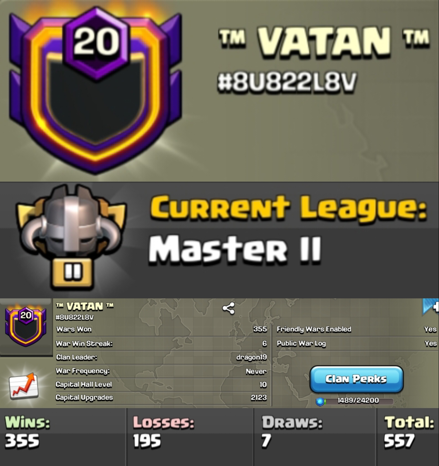 Level 20 clan || master 2 || clan capital 10 || warlog 355-195 || name - VATAN