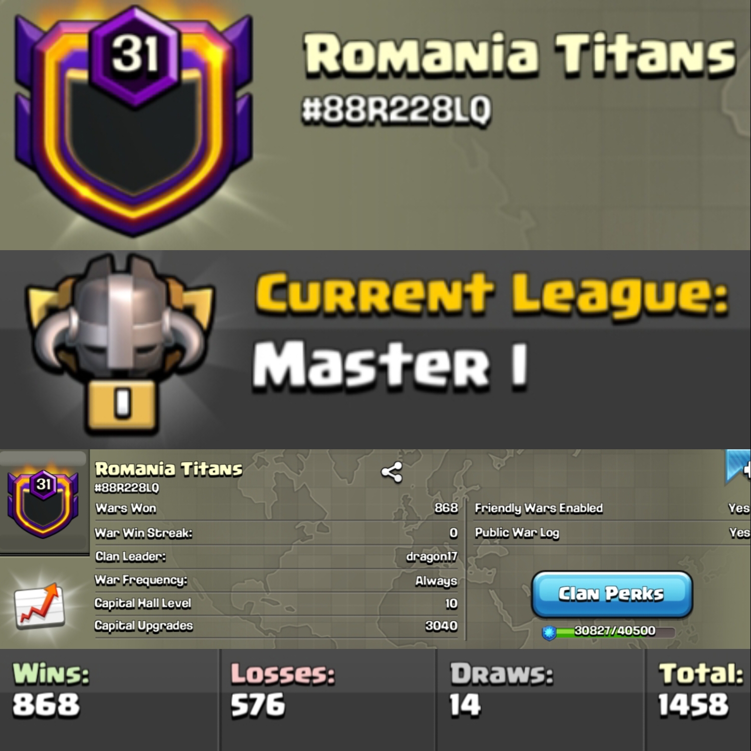 Level 31 clan || master 1 || clan capital 10 || positive warlog 868-576 || name - Romania Titans