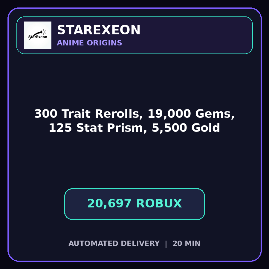 Anime Origins > 300 Trait Rerolls, 19,000 Gems, 125 Stat Prism, and 5,500 Gold [20697R]