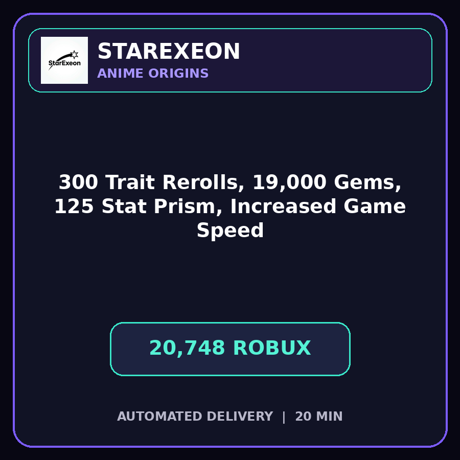 Anime Origins > 300 Trait Rerolls, 19,000 Gems, 125 Stat Prism, and Increased Game Speed [20748R]