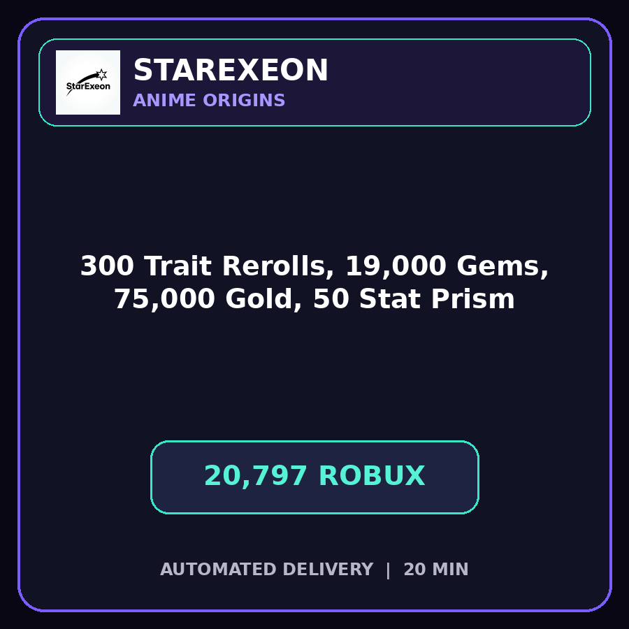 Anime Origins > 300 Trait Rerolls, 19,000 Gems, 75,000 Gold, and 50 Stat Prism [20797R]