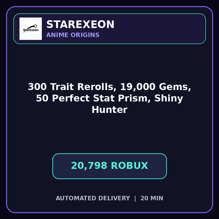 Anime Origins > 300 Trait Rerolls, 19,000 Gems, 50 Perfect Stat Prism, and Shiny Hunter [20798R]