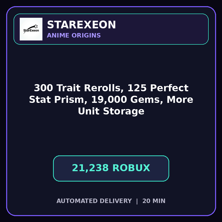 Anime Origins > 300 Trait Rerolls, 125 Perfect Stat Prism, 19,000 Gems, and More Unit Storage [21238R]