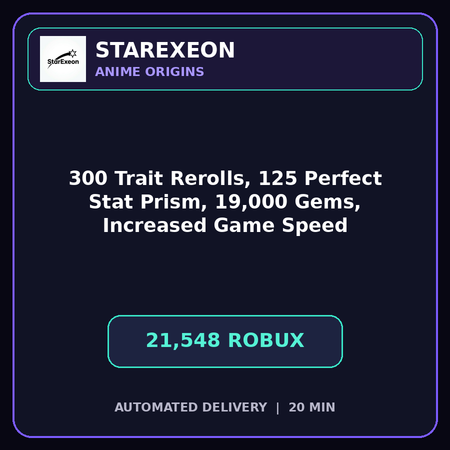 Anime Origins > 300 Trait Rerolls, 125 Perfect Stat Prism, 19,000 Gems, and Increased Game Speed [21548R]