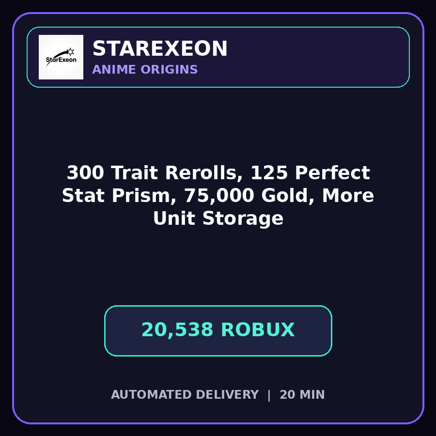 Anime Origins > 300 Trait Rerolls, 125 Perfect Stat Prism, 75,000 Gold, and More Unit Storage [20538R]