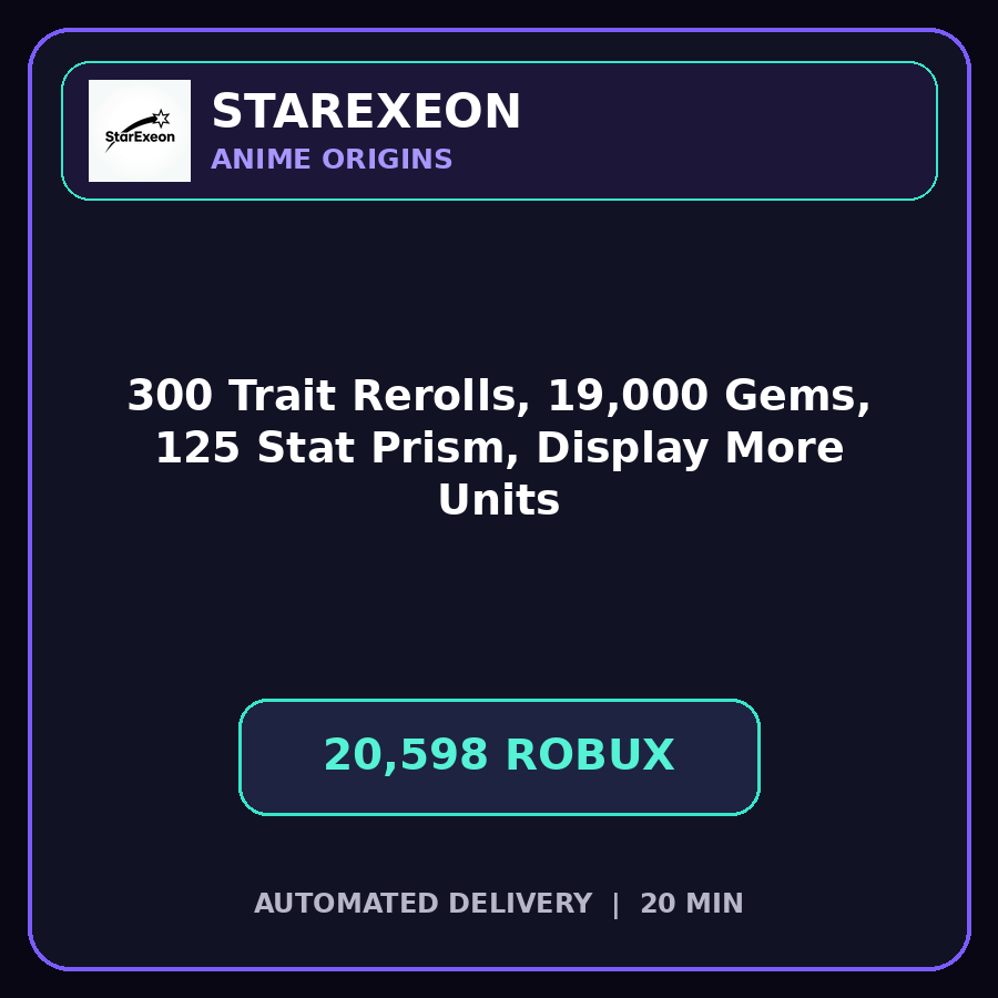 Anime Origins > 300 Trait Rerolls, 19,000 Gems, 125 Stat Prism, and Display More Units [20598R]