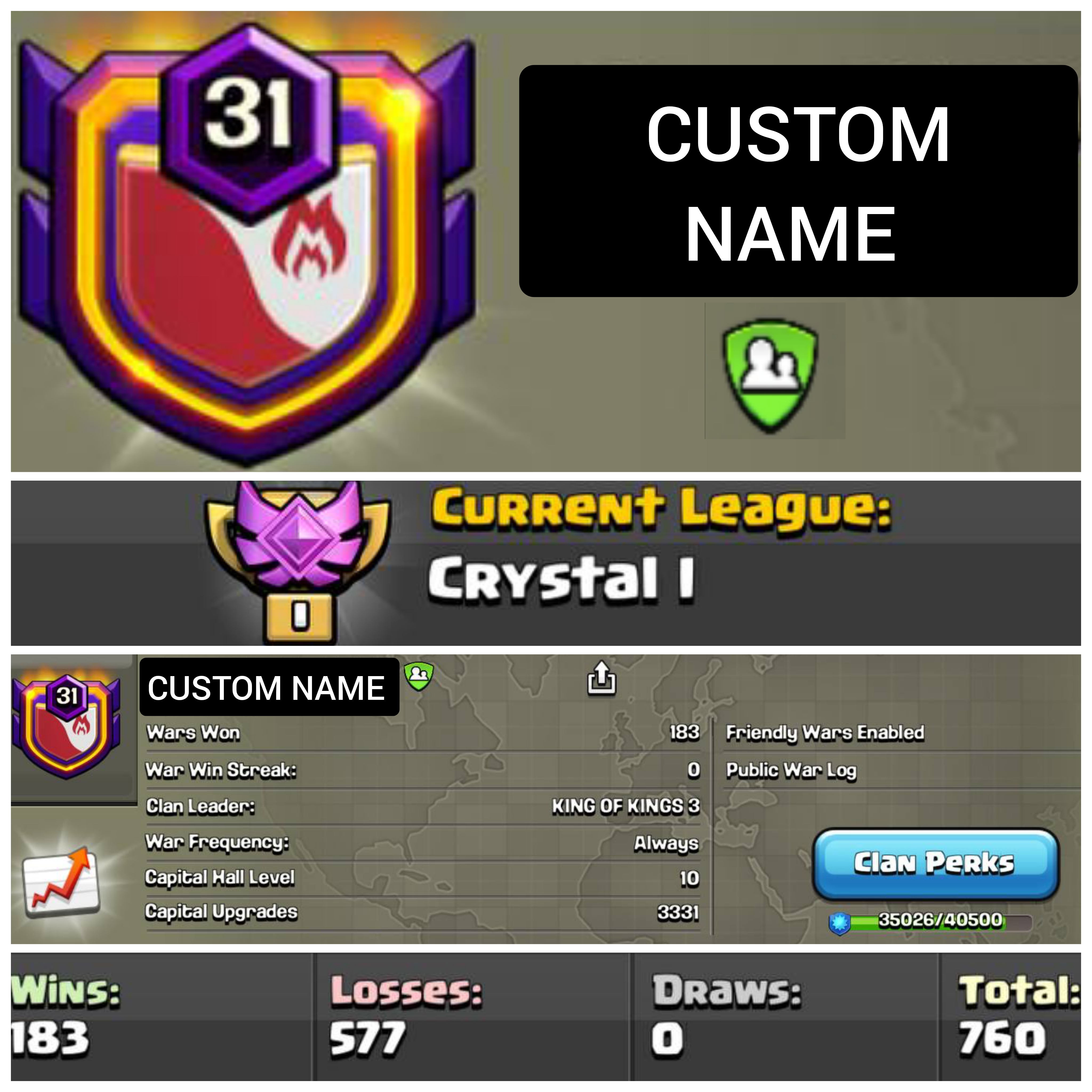 ⚡ CUSTOM NAME ⚡ LEVEL NEAR 32 ⚡ CRYSTAL 1 ⚡ WL WIN: 183 / LOSS: 577⚡ CC MAX⚡ YOU NEED JUST SEND US NEW NAME
