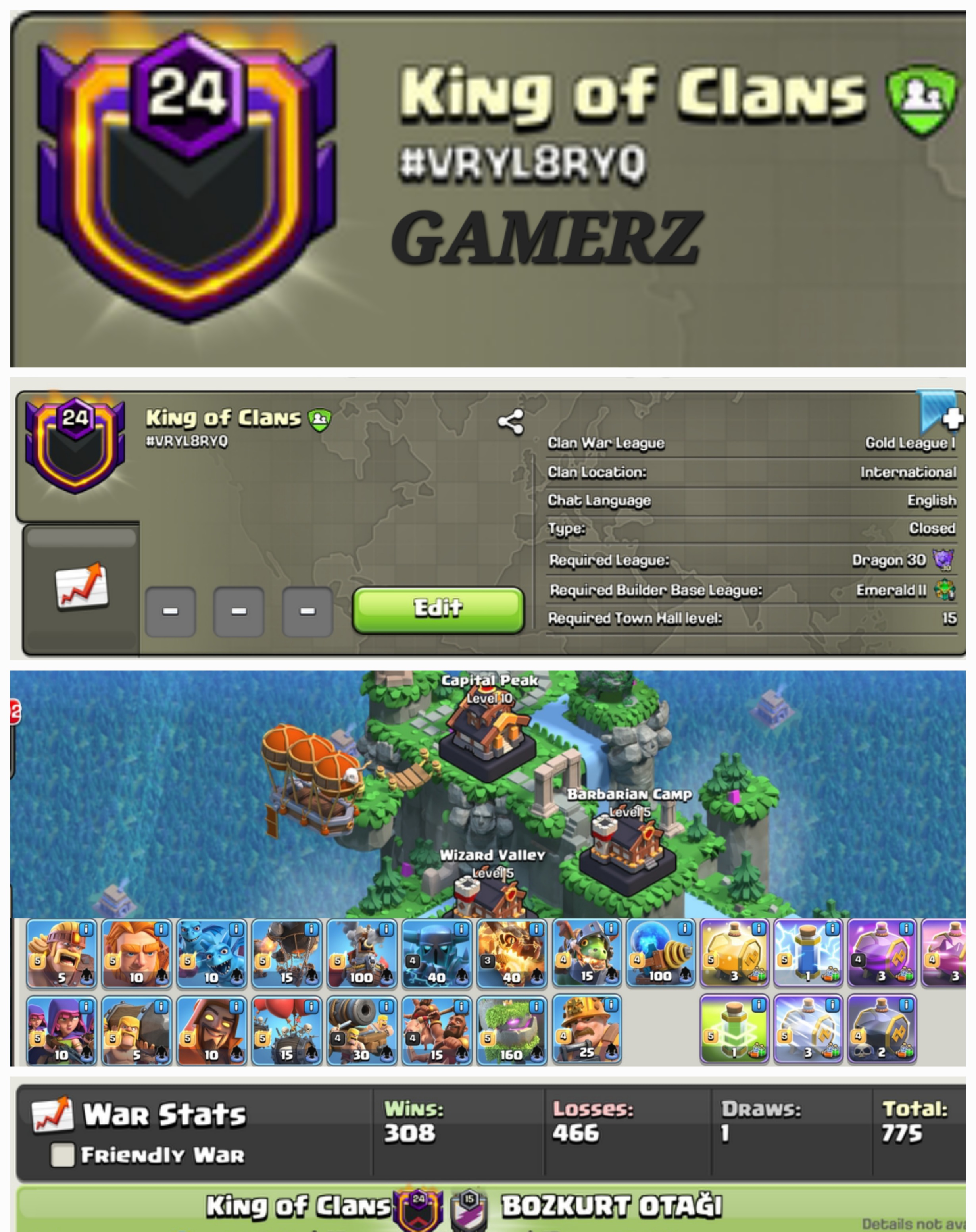 King Of Clans !! LEVEL 24 !! CAPITAL PEAK 10 (ALMOST MAX TROOPS) !! GOLD 1 !! WIN 305 LOSS 463 !! PERFECT NAME !! CHEAP !! FAST DELIVERY