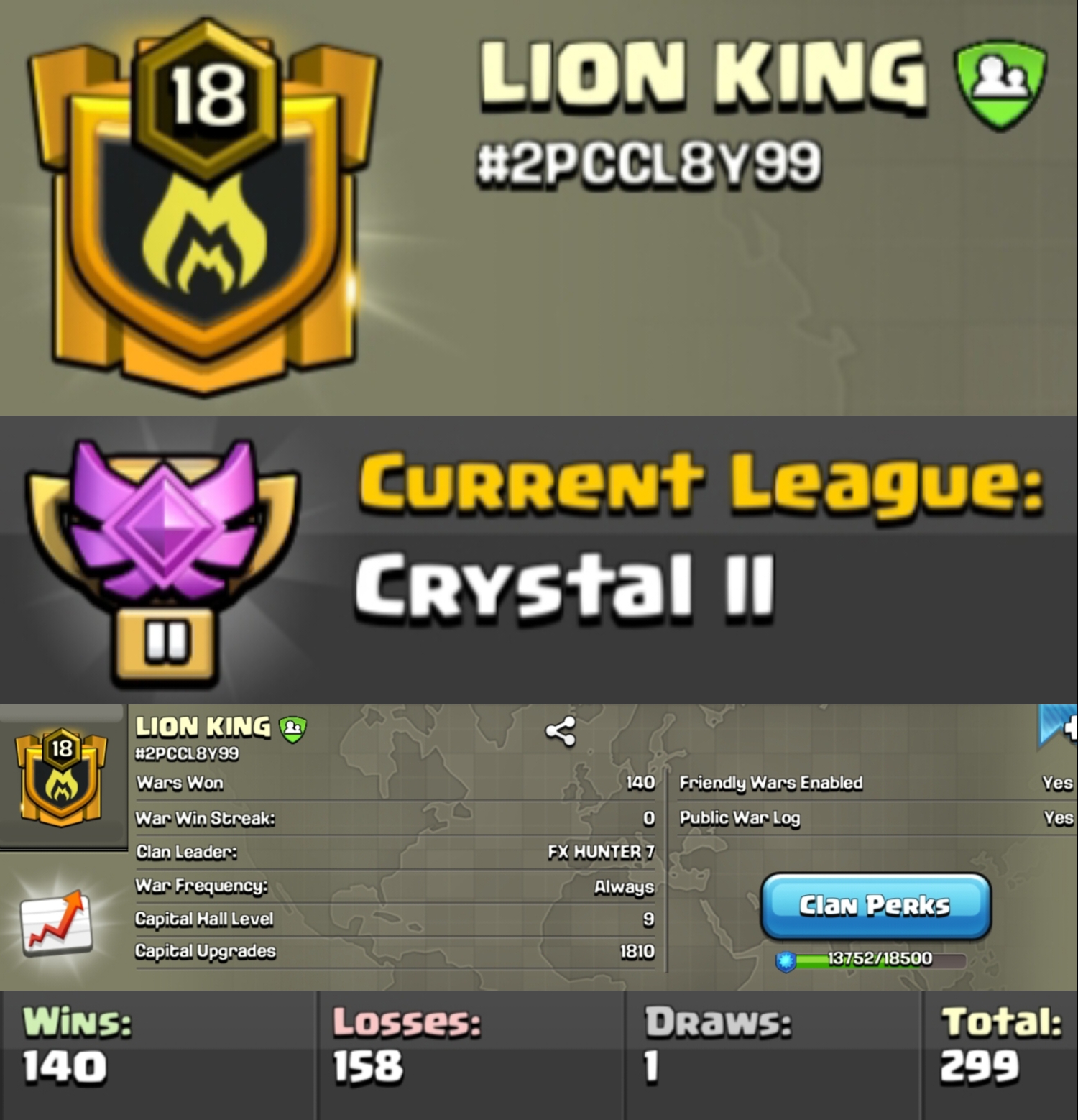 Level 18 clan || clan capital 9 || crystal 2 || name - LION KING