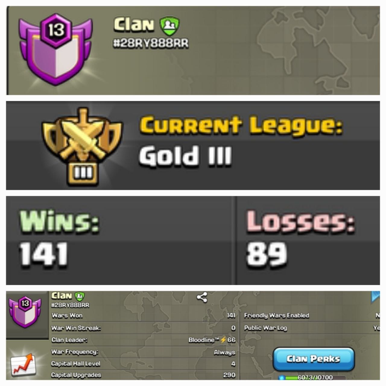 Level 13 name change clan || gold 3 || warlog 141-89 || family friendly
