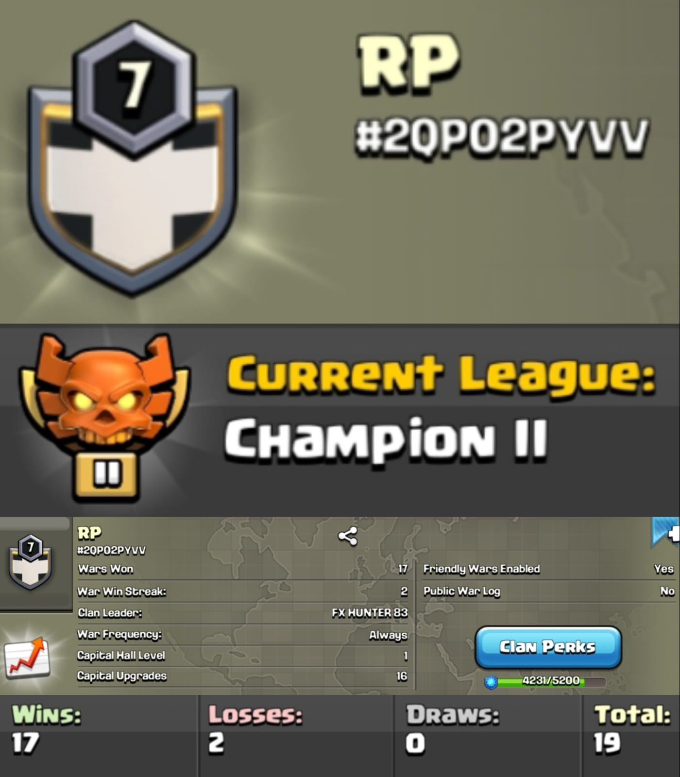 Level 7 clan || CHAMLION 2 || warlog 17-2 || short name - RP