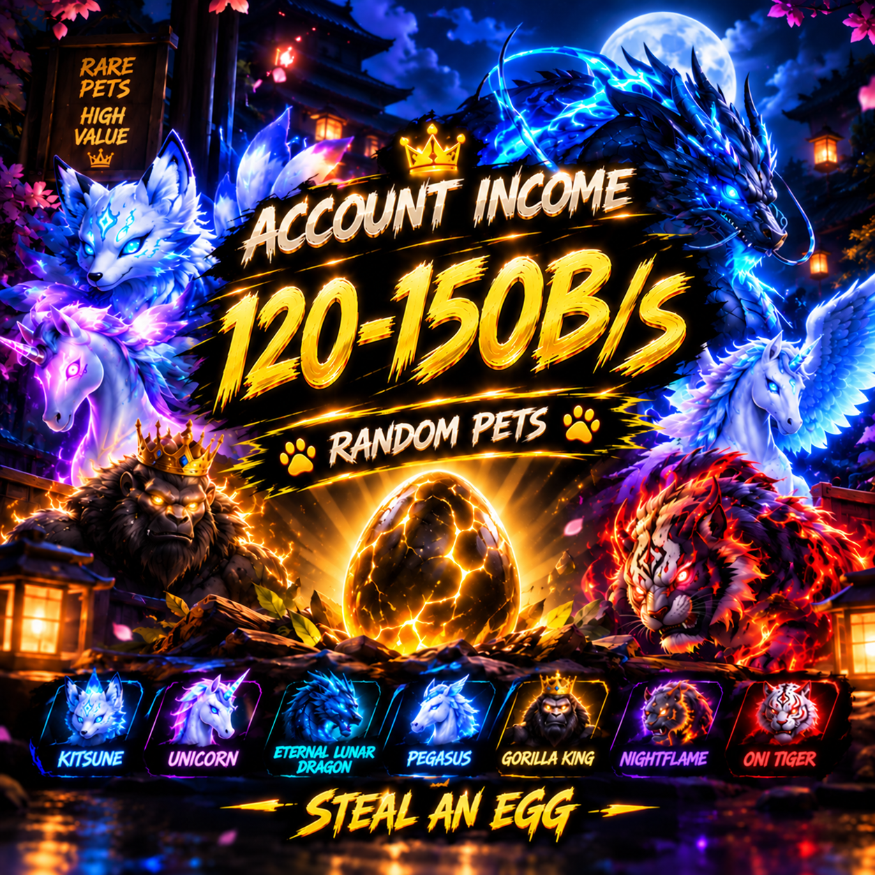 Account Income 120B/s+ to 150B/s 🚀 Random Pets 🐾 Kitsune 🦊 Unicorn 🦄 Eternal Lunar Dragon 🐉 Lava Dragon 🐲 Gorilla King 🦍 Macan 🐯 Oni Tiger