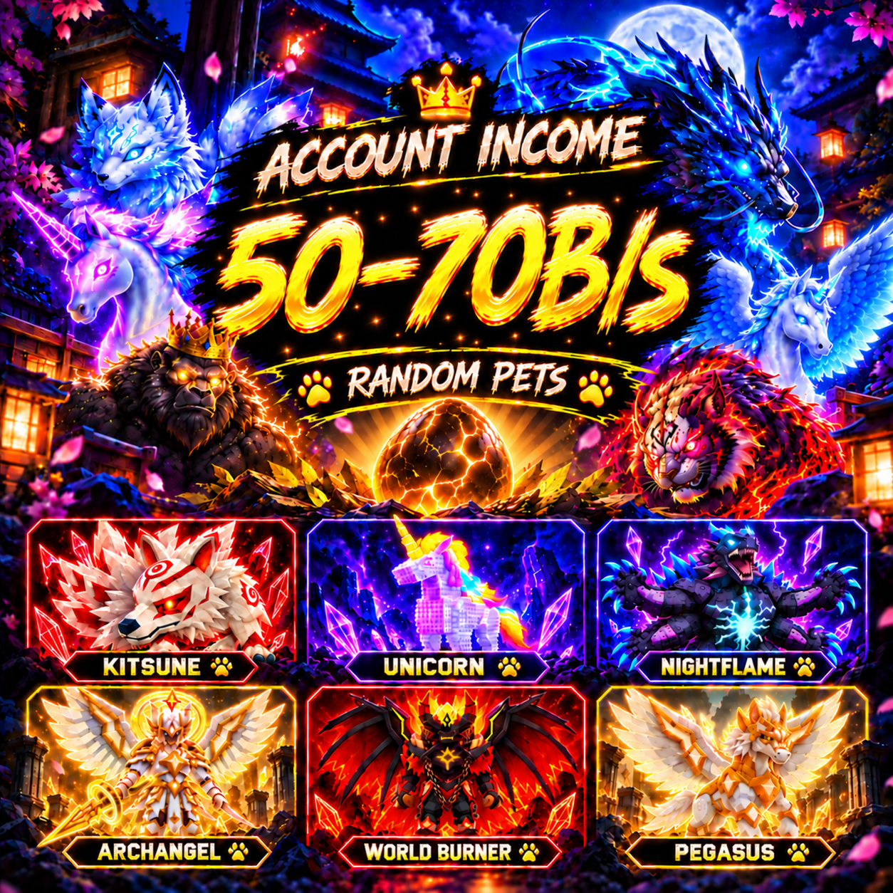👑 50B/S to 70B/s INCOME 🚀 🐾 RANDOM PETS 🦊 KITSUNE 🦄 UNICORN 🐉 ETERNAL LUNAR DRAGON 🐲 LAVA DRAGON 🦍 GORILLA KING 🐯 ONI TIGER 🔥 NIGHTFLAME 🐴 PEGASUS
