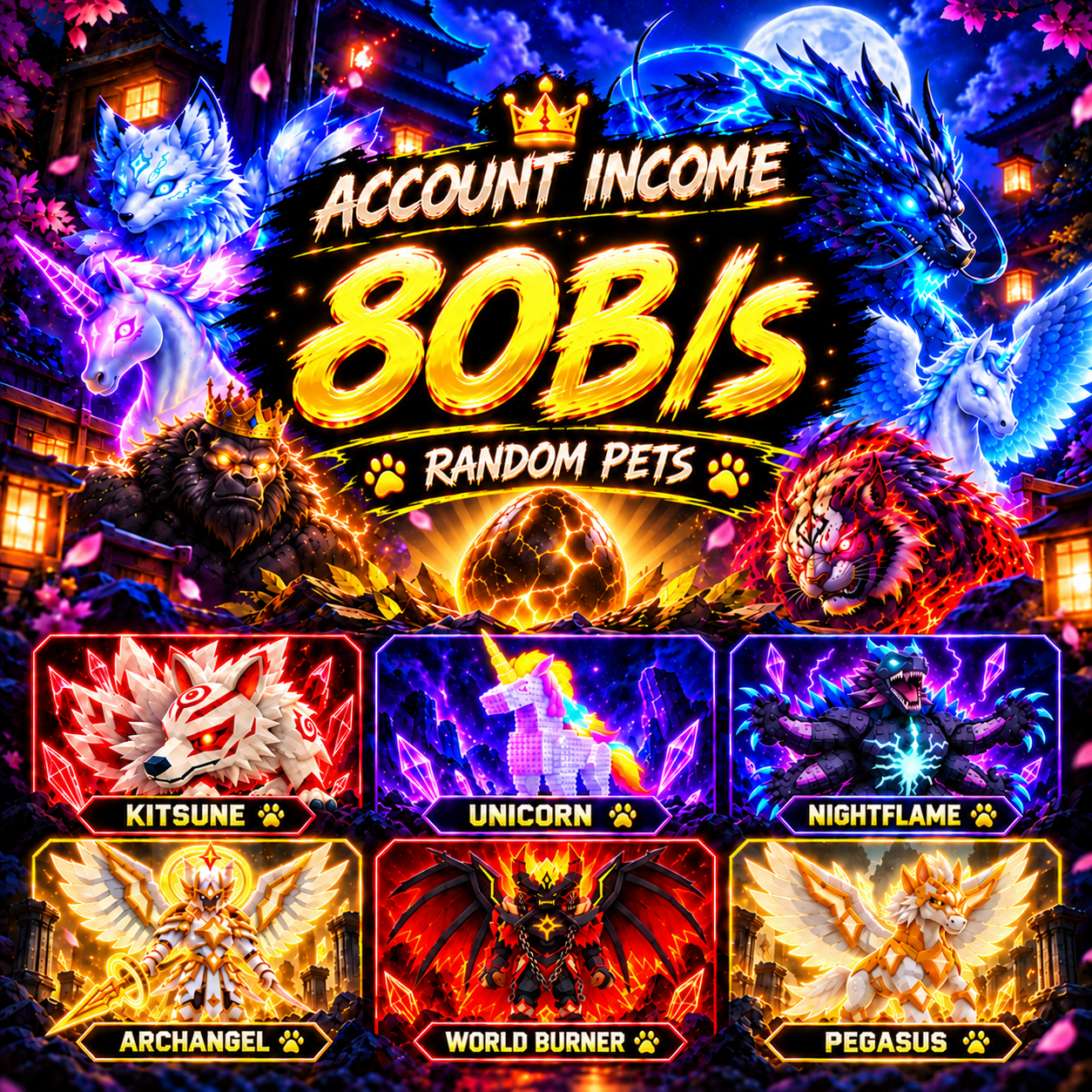 🔥 80B/s💰🚀 Random Pets 🐾 Kitsune 🦊 Unicorn 🦄 Eternal Lunar Dragon 🐉 Lava Dragon 🐲 Gorilla King 🦍 Macan 🐯 Oni Tiger 🐯 Stag 🦌