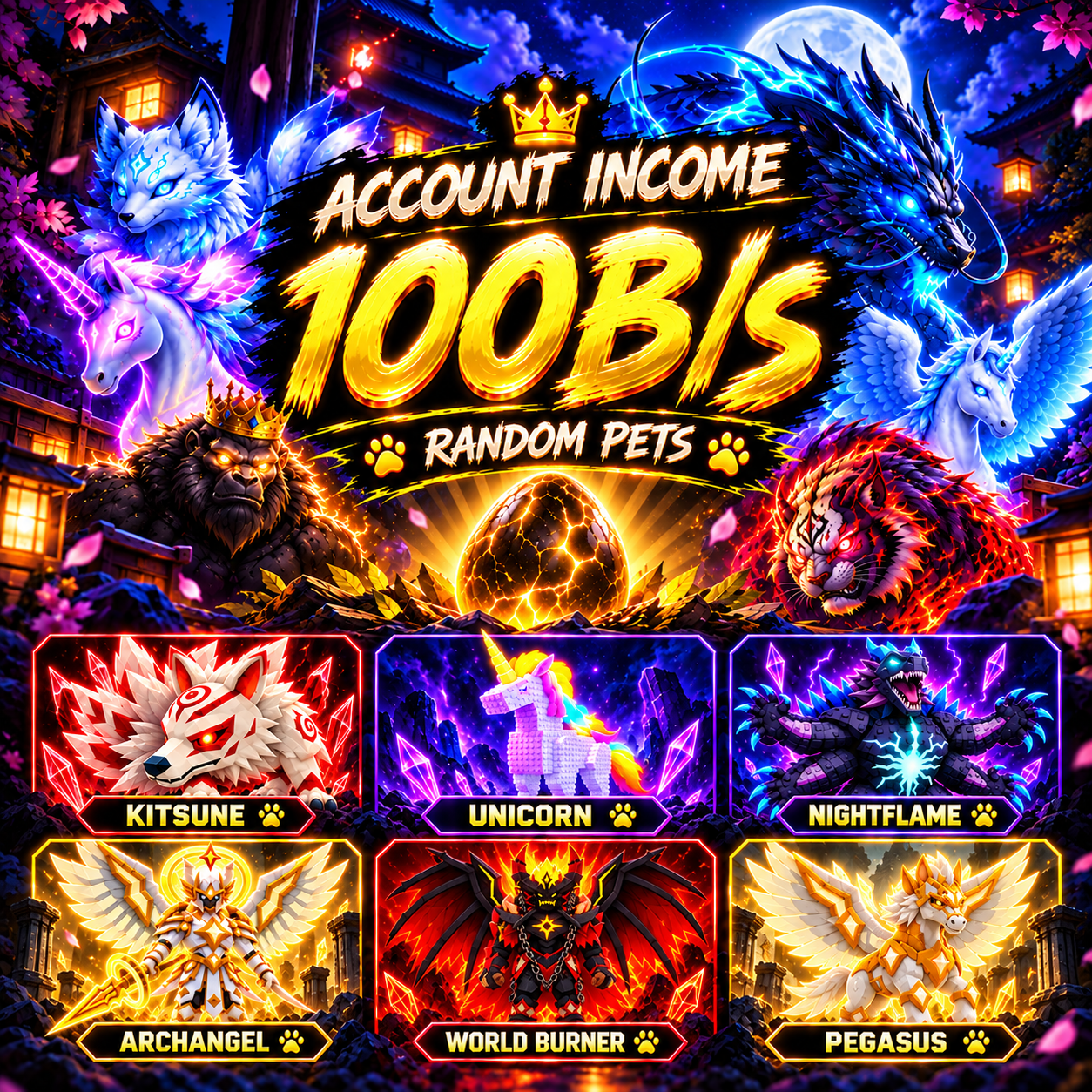 👑 100 B/S INCOME 🚀 🐾 RANDOM PETS 🦊 KITSUNE 🦄 UNICORN 🐉 ETERNAL LUNAR DRAGON 🐲 LAVA DRAGON 🦍 GORILLA KING 🐯 ONI TIGER 🔥 NIGHTFLAME 🐴 PEGASUS 💎 + MORE