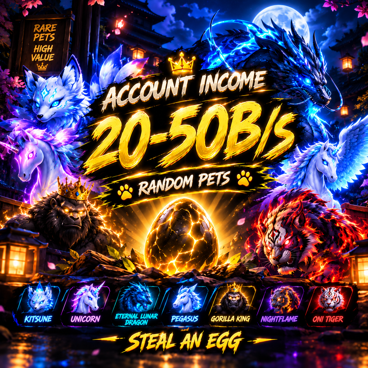Account Income 20B/s+ to 50B/s 🚀 Random Pets 🐾 Kitsune 🦊 Unicorn 🦄 Eternal Lunar Dragon 🐉 Lava Dragon 🐲 Gorilla King 🦍 Macan 🐯 Oni Tiger